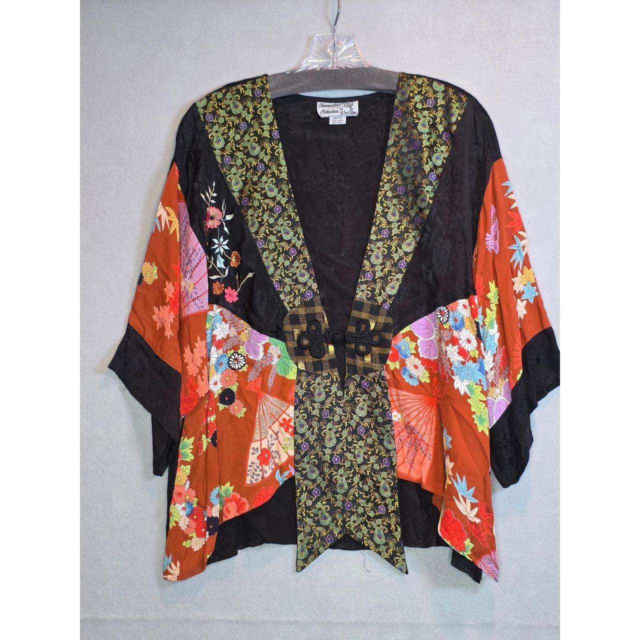 Vintage Bowdon Kimono Jacket Black Yellow Floral Butterfly Tapestry Coin Tie - View 11