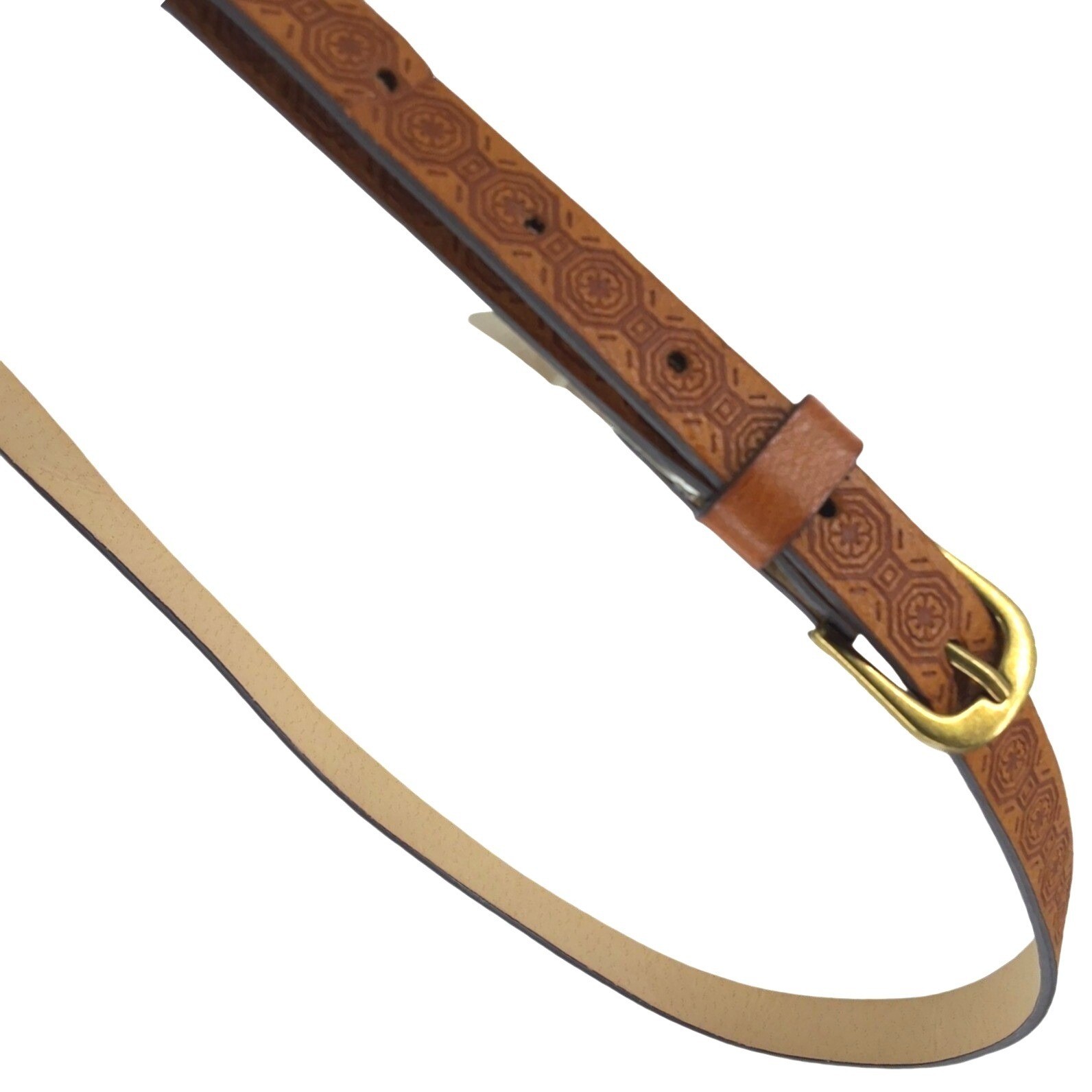 Steve Madden XL Cognac Brown Geometric Embossed Skinny Belt Gold Buckle
