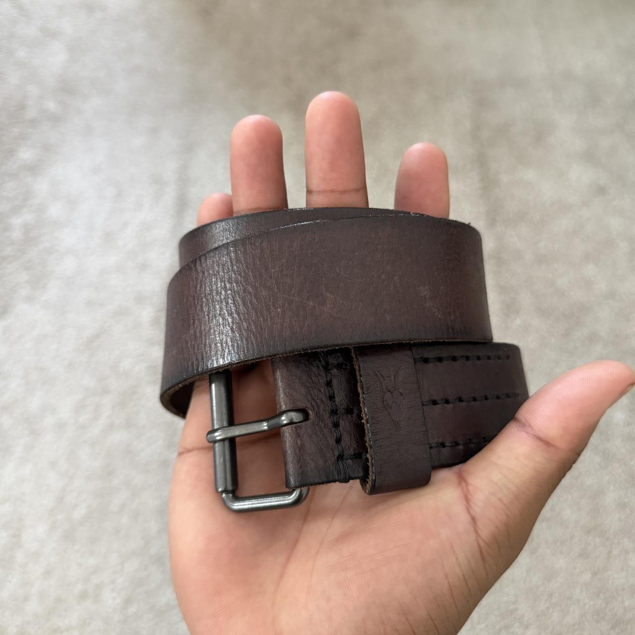 AllSaints Mens Brown Leather Belt Silver Buckle Embossed Ramskull Size 38 - View 7