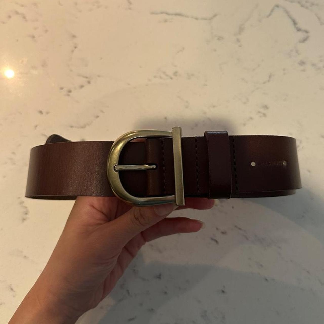 AllSaints Mens Brown Leather Belt Silver Buckle Embossed Ramskull Size 38 - View 10