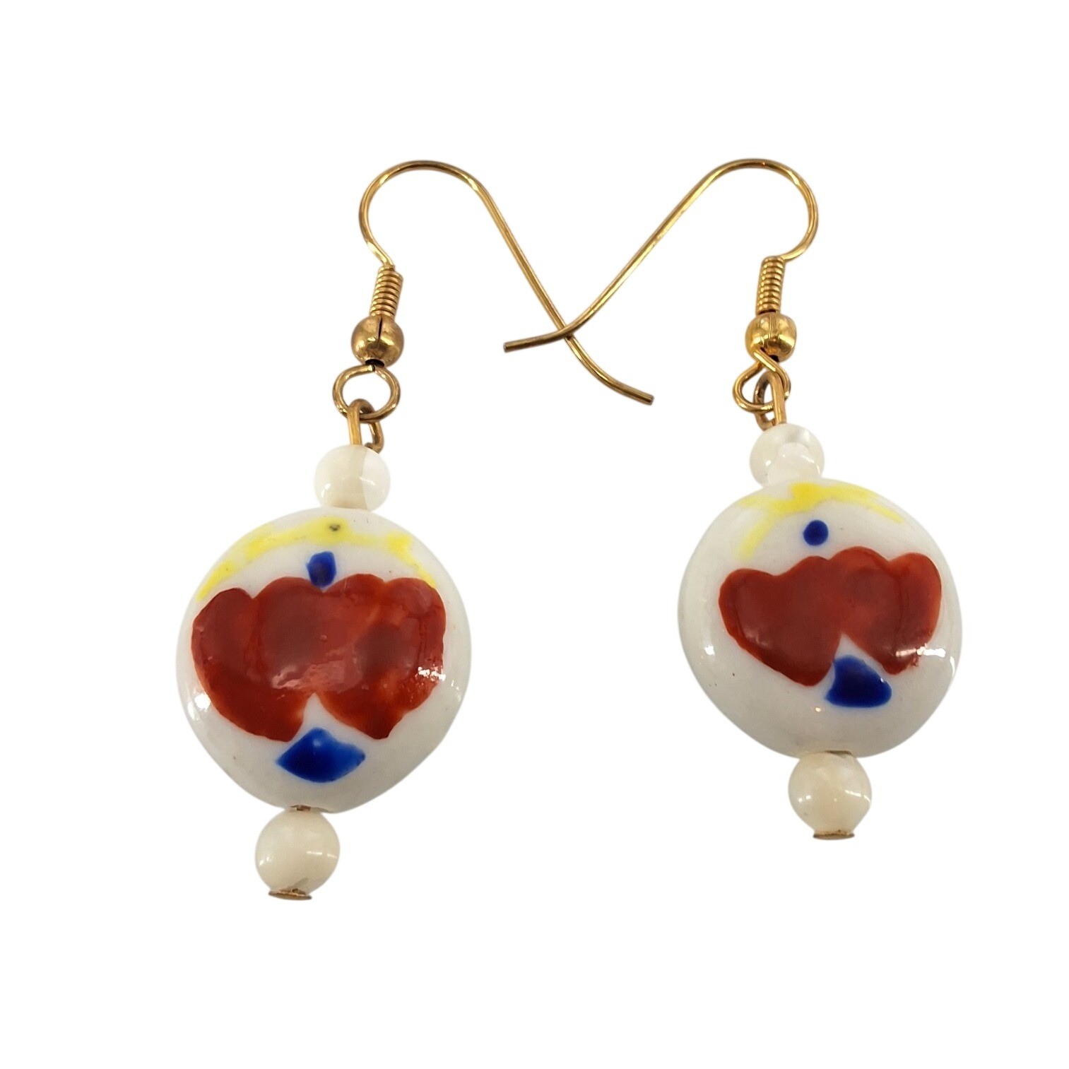 Hand Painted Ceramic Bead Drop Earrings White Red Blue Abstract Gold Tone