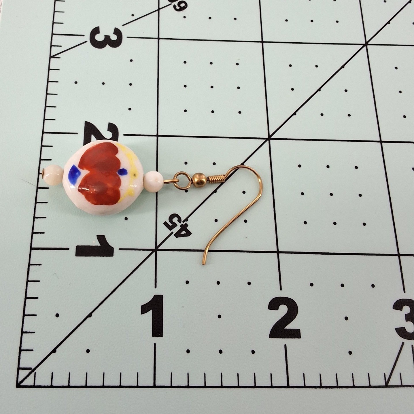 Hand Painted Ceramic Bead Drop Earrings White Red Blue Abstract Gold Tone