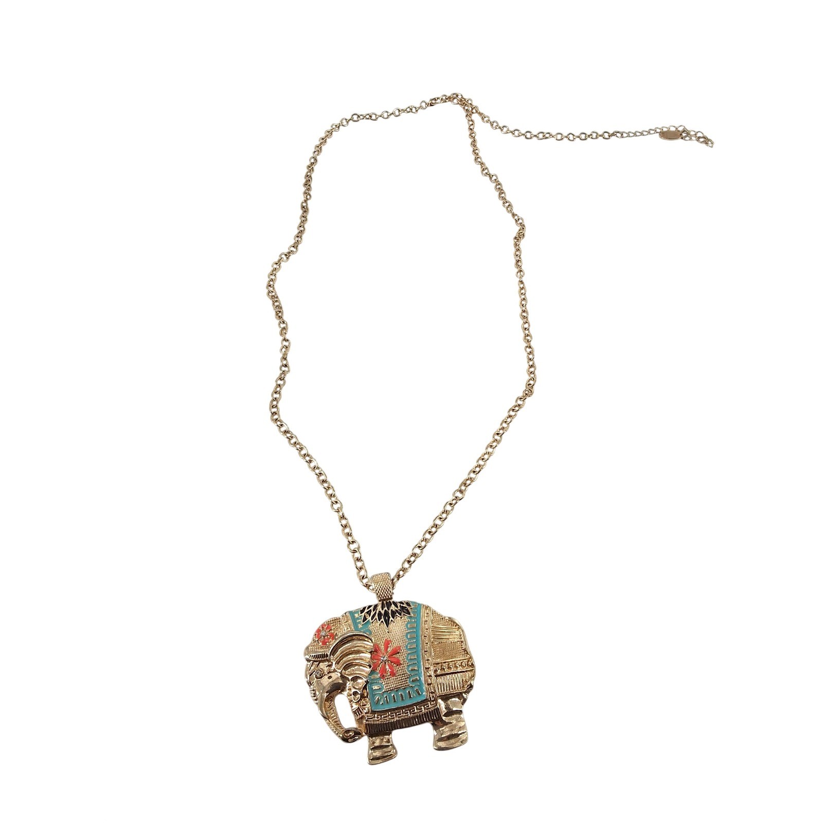 Etc! Gold Tone Enamel Elephant Statement Necklace Turquoise Orange Crystals - View 4