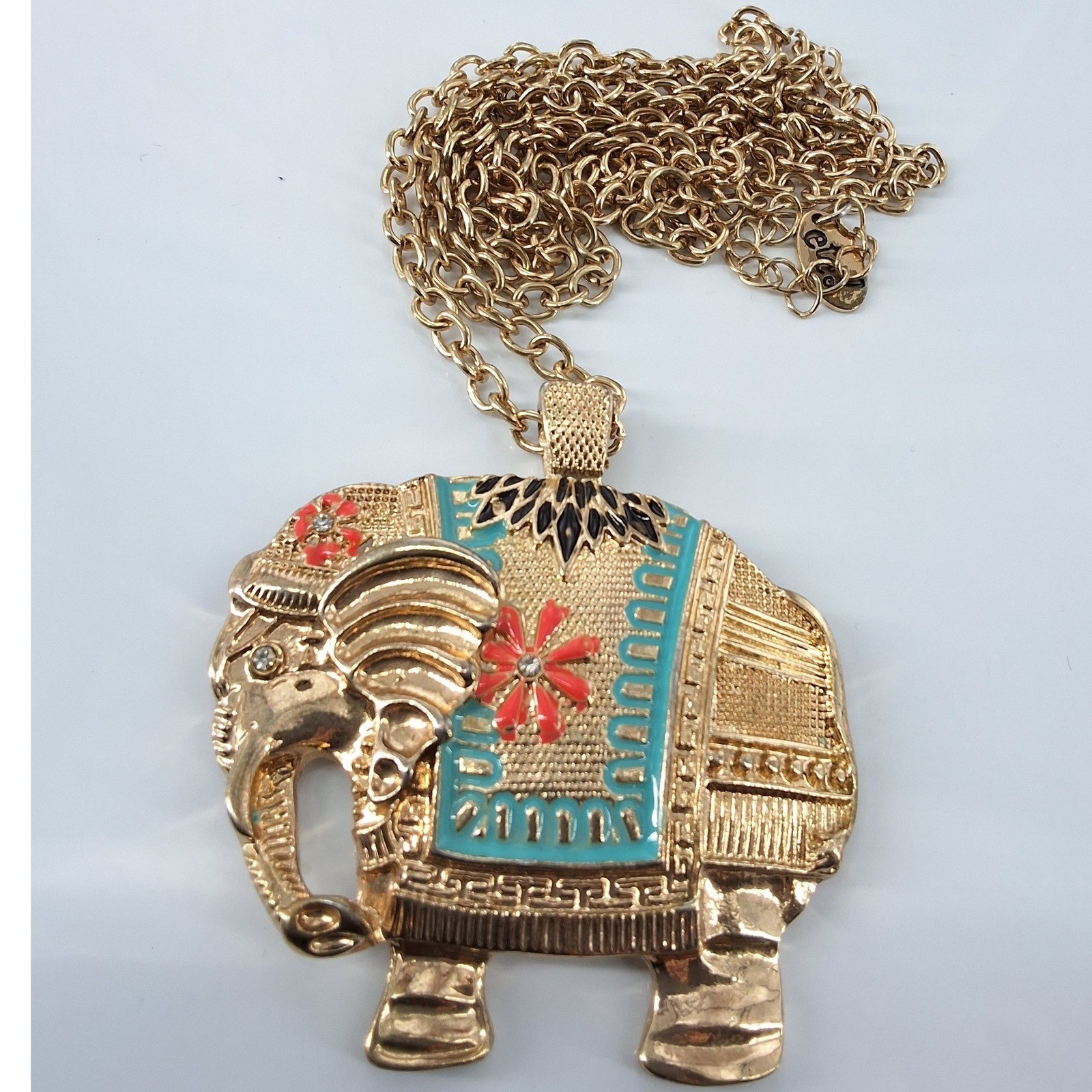 Etc! Gold Tone Enamel Elephant Statement Necklace Turquoise Orange Crystals - View 5