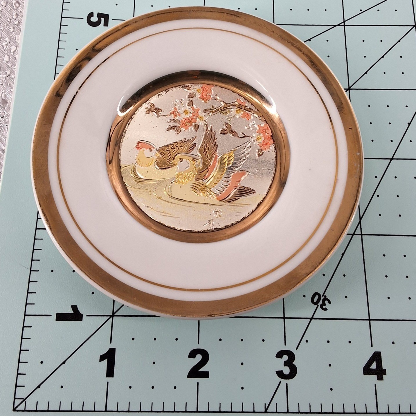Vintage Art of Chokin 24K Gold Edged Mandarin Ducks 4" Plate Japan - View 3