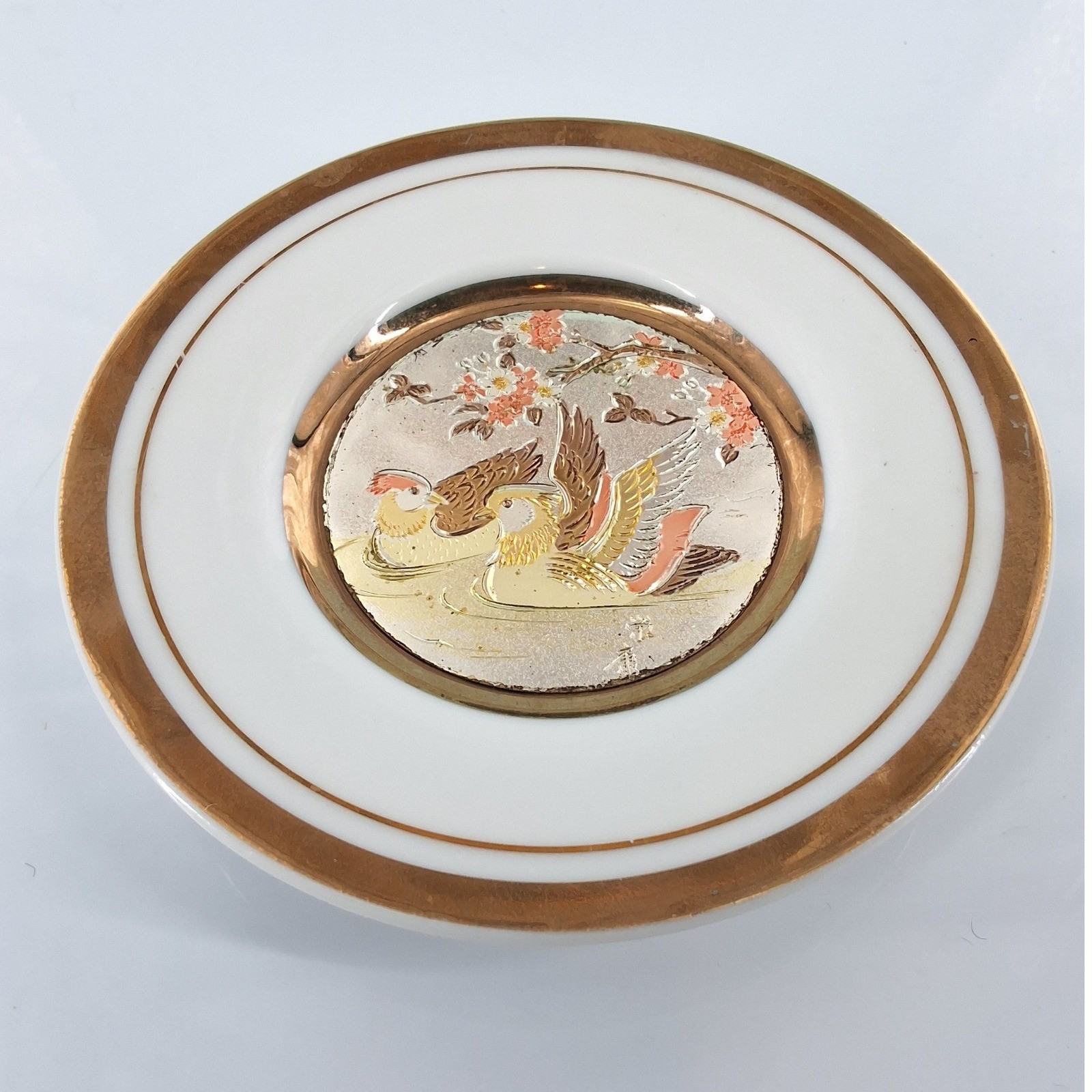 Vintage Art of Chokin 24K Gold Edged Mandarin Ducks 4" Plate Japan - View 5