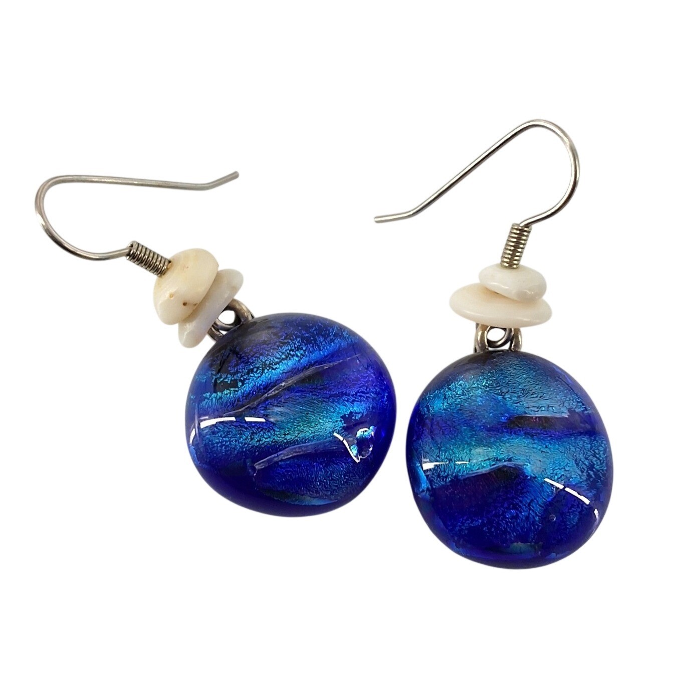 Blue Dichroic Glass Drop Earrings Silver Tone Shell Accent Artisan