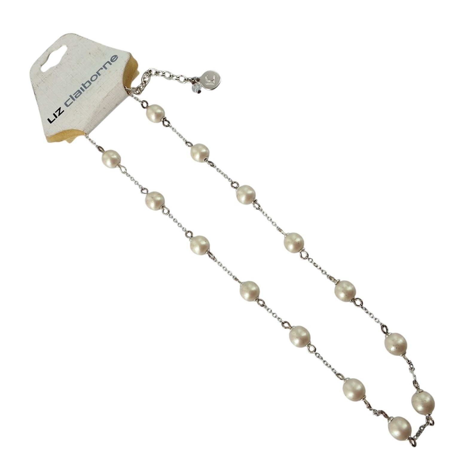 Liz Claiborne Silver Tone Faux Pearl Station Necklace Adjustable 16-19" - View 3