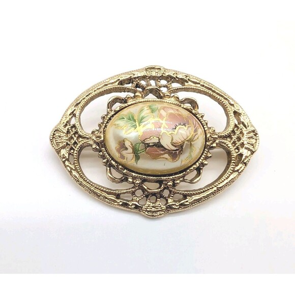 1928 Jewelry Yorkies in Rain Gold Tone Brooch Pink Porcelain Rose Faux Pearl - View 12