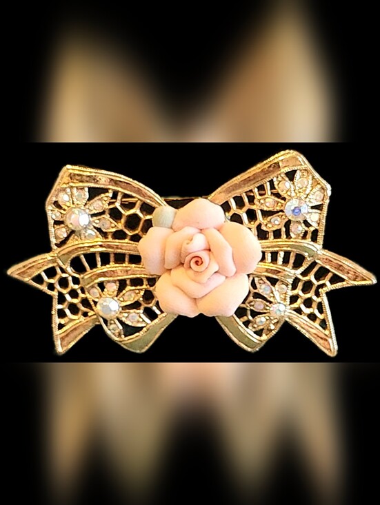 1928 Jewelry Yorkies in Rain Gold Tone Brooch Pink Porcelain Rose Faux Pearl - View 13