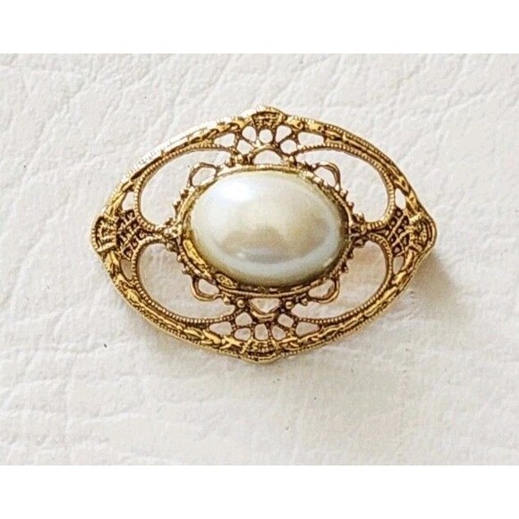 1928 Jewelry Yorkies in Rain Gold Tone Brooch Pink Porcelain Rose Faux Pearl - View 15