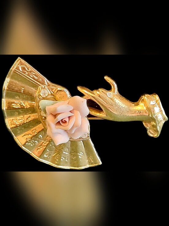 1928 Jewelry Yorkies in Rain Gold Tone Brooch Pink Porcelain Rose Faux Pearl - View 16