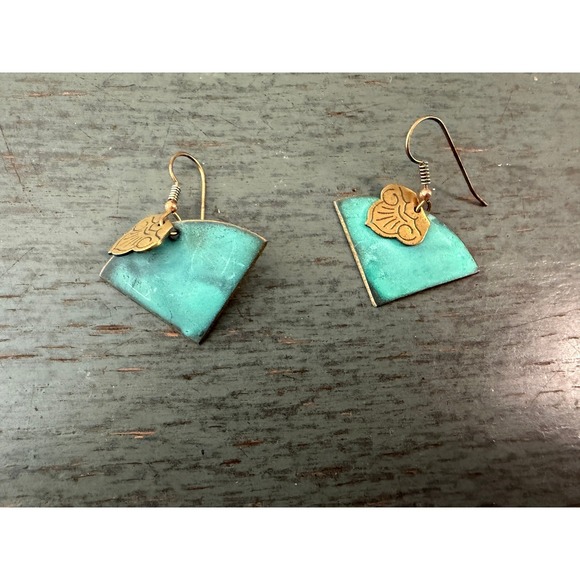 Blue Dichroic Glass Drop Earrings Silver Tone Shell Accent Artisan - View 19