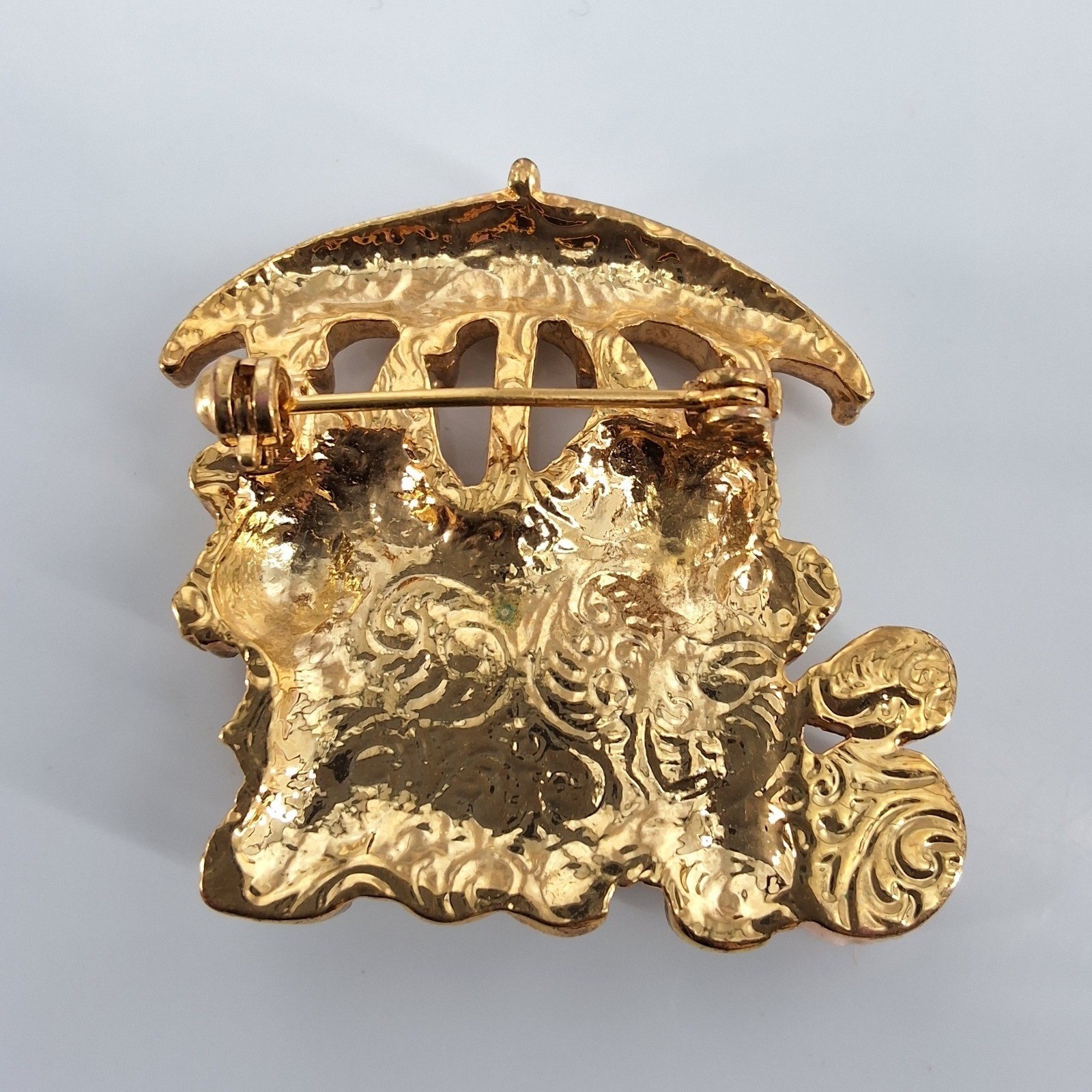 1928 Jewelry Yorkies in Rain Gold Tone Brooch Pink Porcelain Rose Faux Pearl