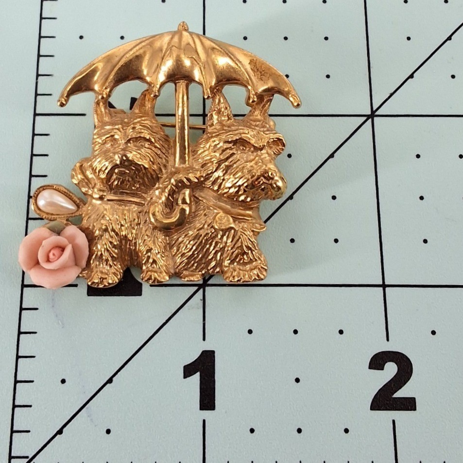 1928 Jewelry Yorkies in Rain Gold Tone Brooch Pink Porcelain Rose Faux Pearl - View 3