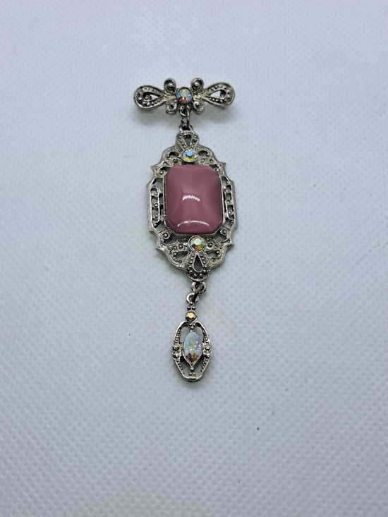 1928 Jewelry Yorkies in Rain Gold Tone Brooch Pink Porcelain Rose Faux Pearl - View 9
