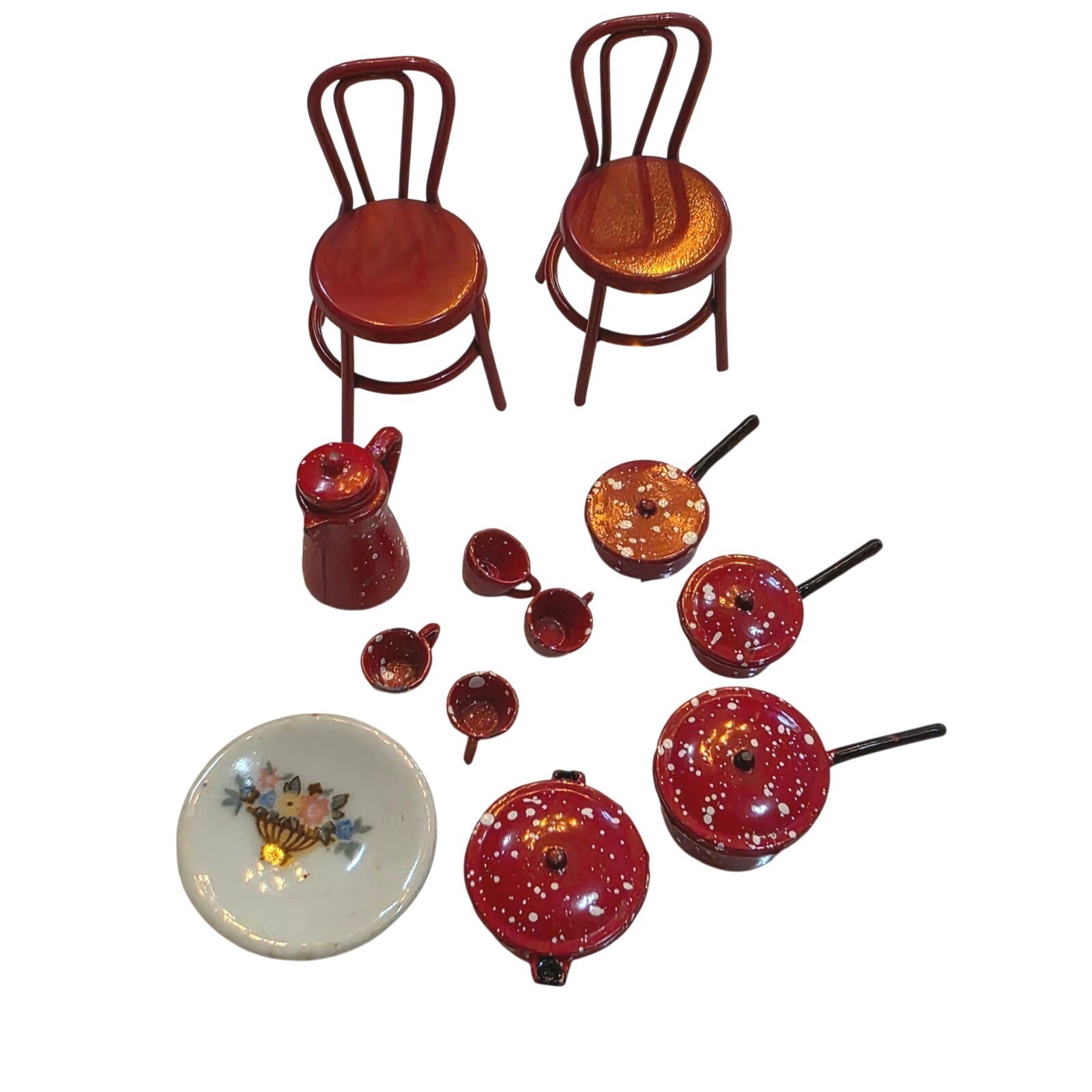 Vintage Miniature Red Speckled Enamelware Dollhouse Kitchen Set Pots Pans