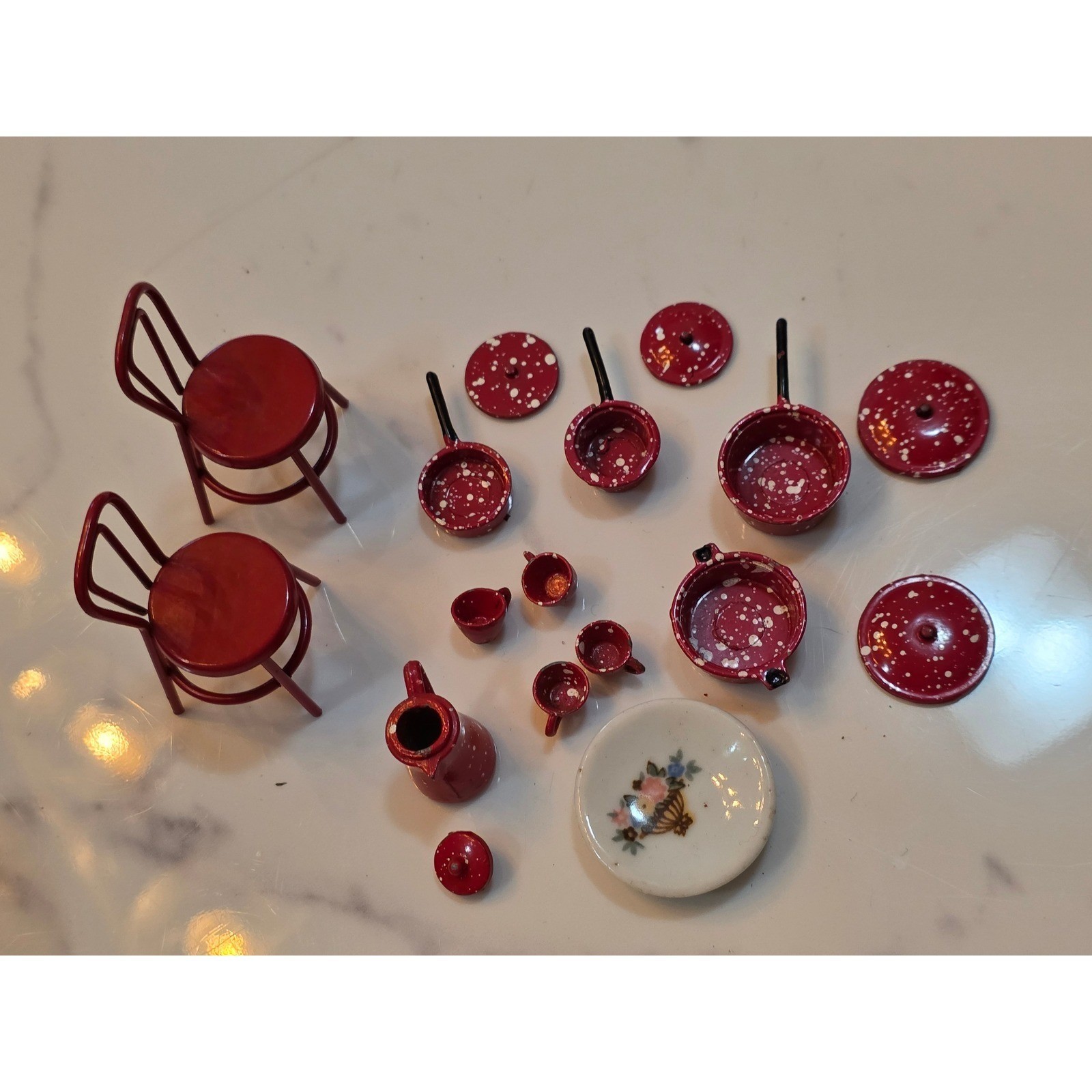 Vintage Miniature Red Speckled Enamelware Dollhouse Kitchen Set Pots Pans
