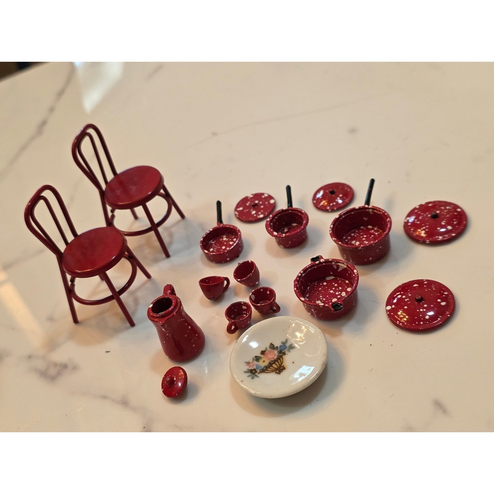 Vintage Miniature Red Speckled Enamelware Dollhouse Kitchen Set Pots Pans - View 4