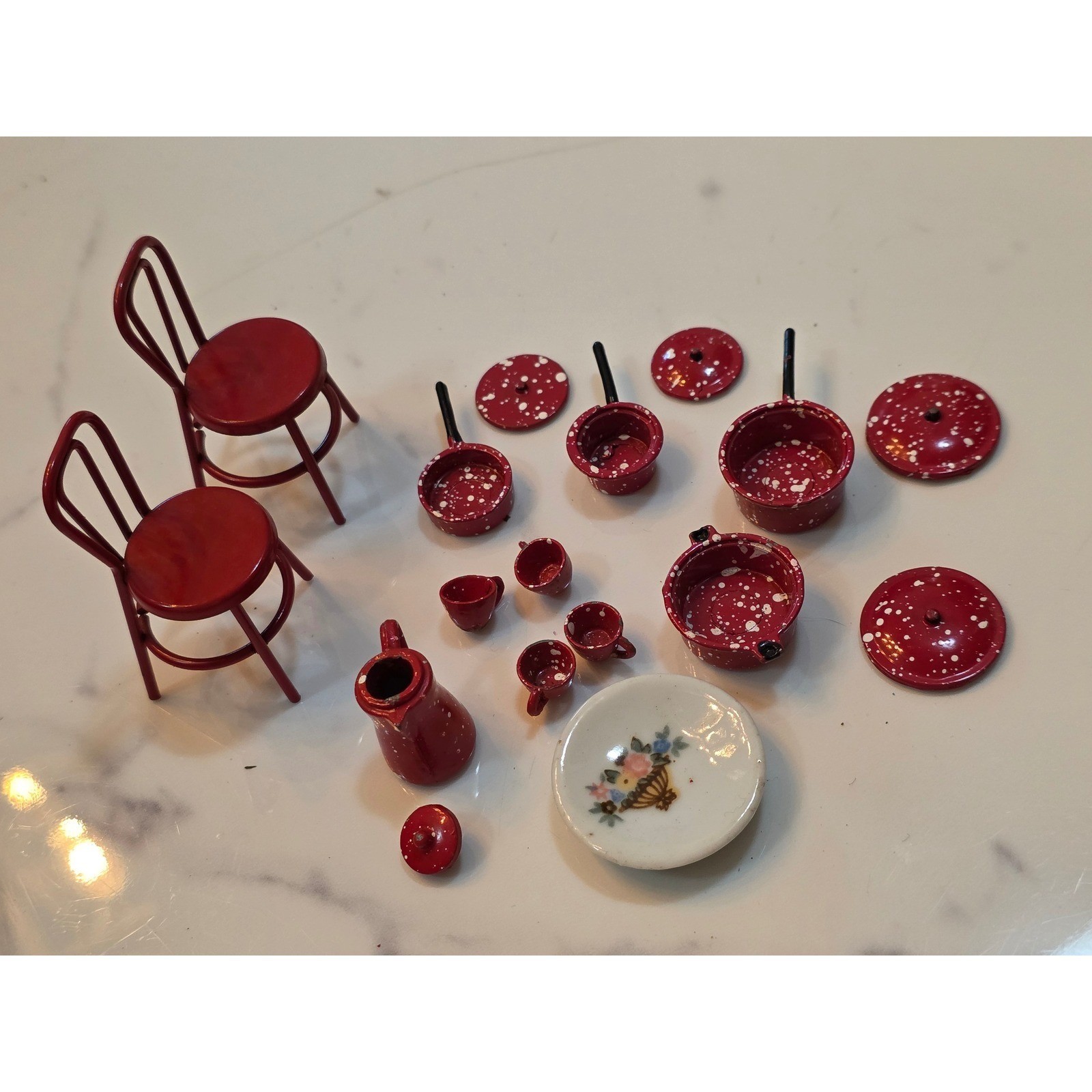 Vintage Miniature Red Speckled Enamelware Dollhouse Kitchen Set Pots Pans - View 6