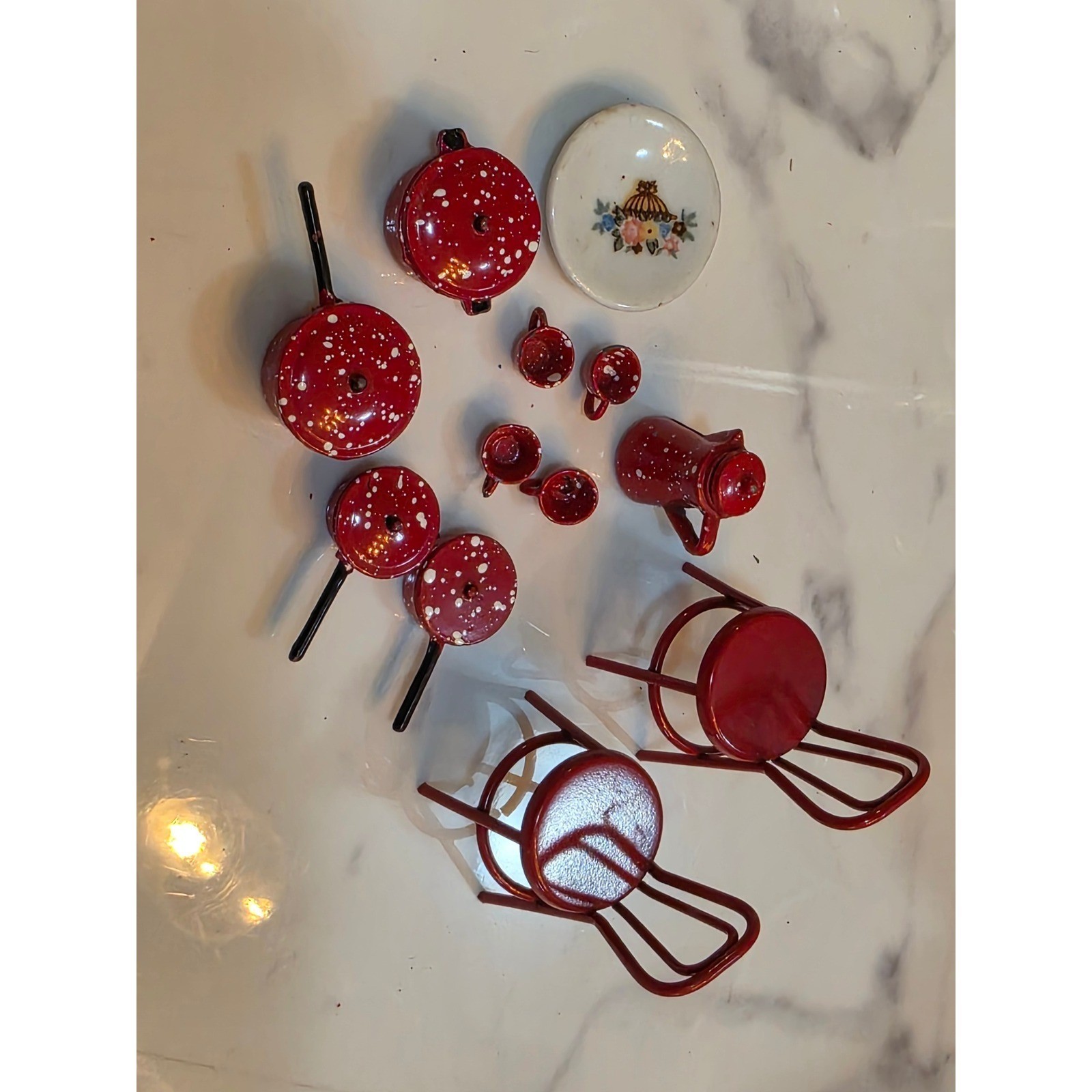 Vintage Miniature Red Speckled Enamelware Dollhouse Kitchen Set Pots Pans - View 7