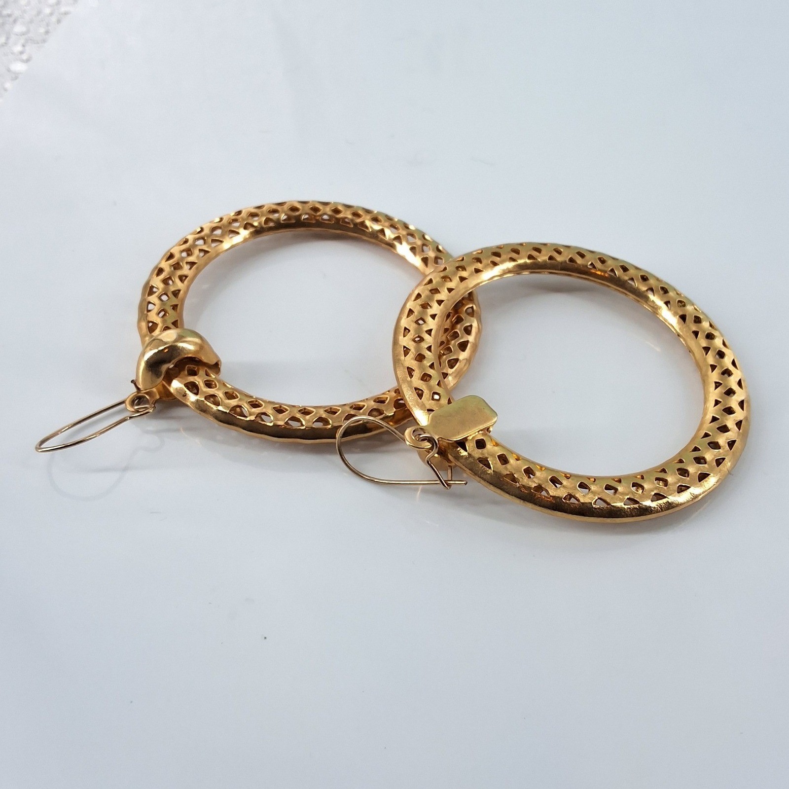 Gold Tone Openwork Lattice Hoop Earrings Textured Round 2 Inch - View 3