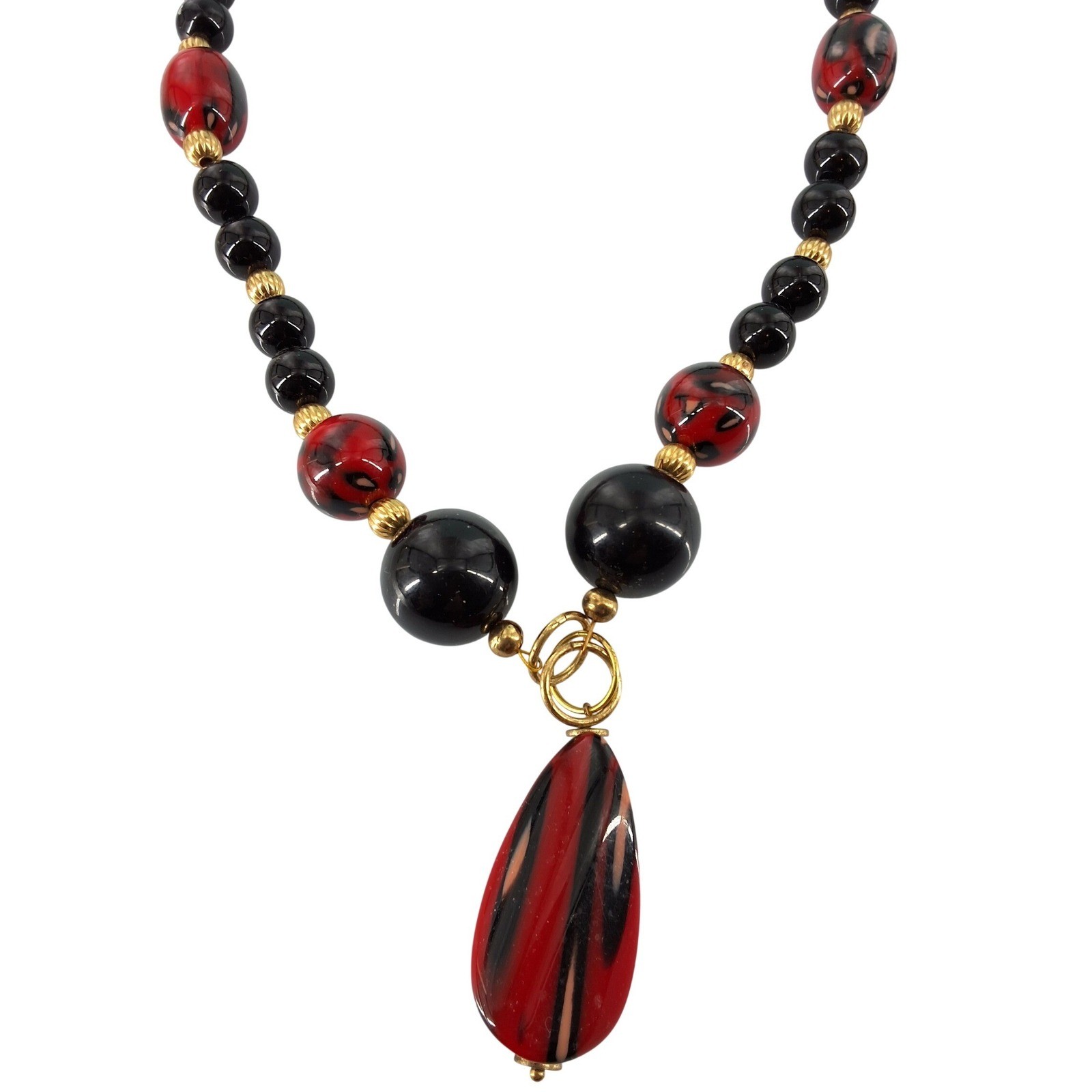 Vintage Black Red Beaded Statement Necklace Teardrop Pendant Toggle