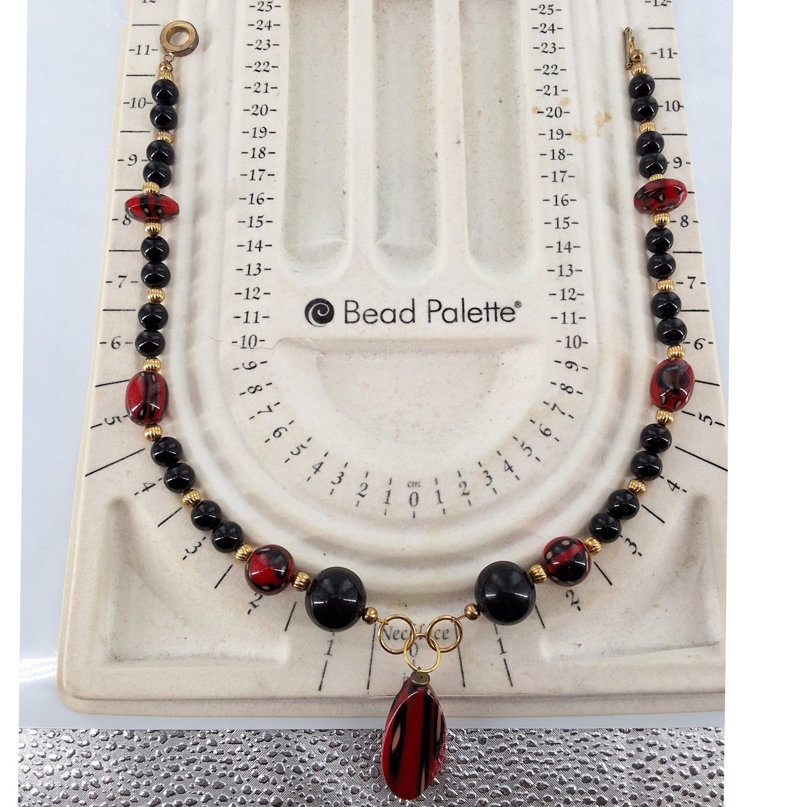 Vintage Black Red Beaded Statement Necklace Teardrop Pendant Toggle - View 5