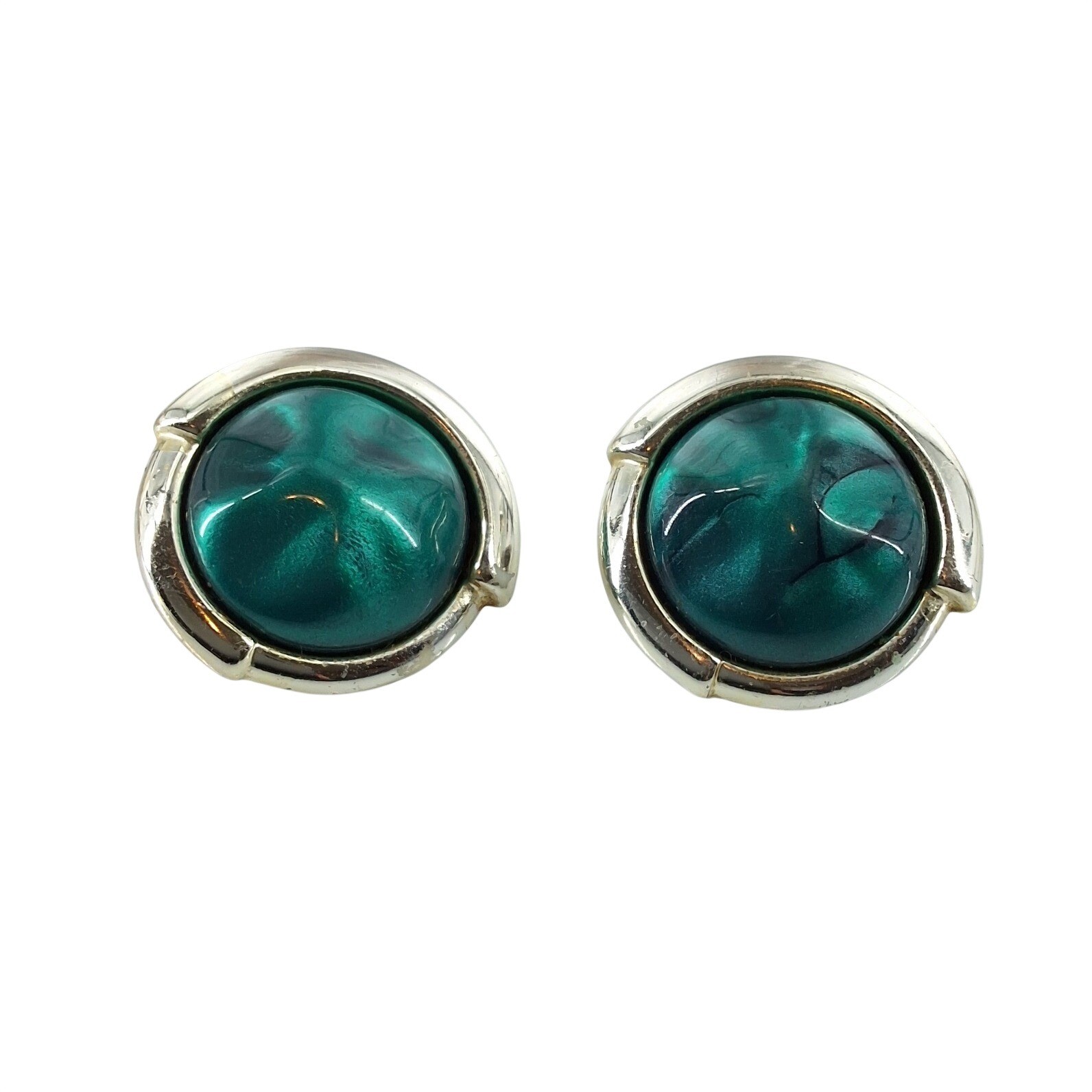 Vintage Emerald Green Marbled Cabochon Gold Tone Round Clip On Earrings 1"