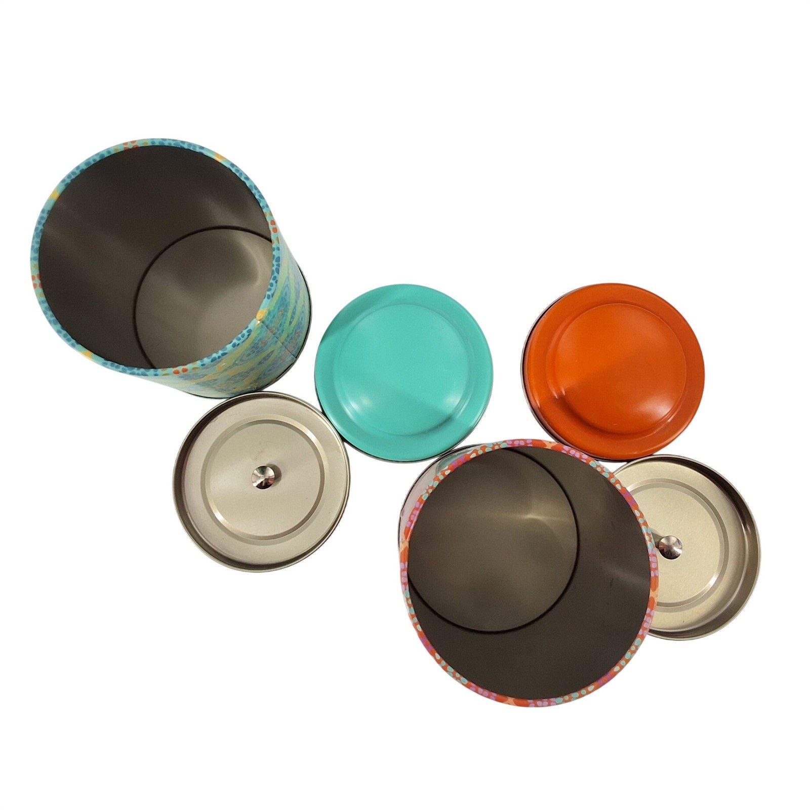 World Market Tea Canister Set of 2 Boho Mandala Floral Metal Tins Orange Teal