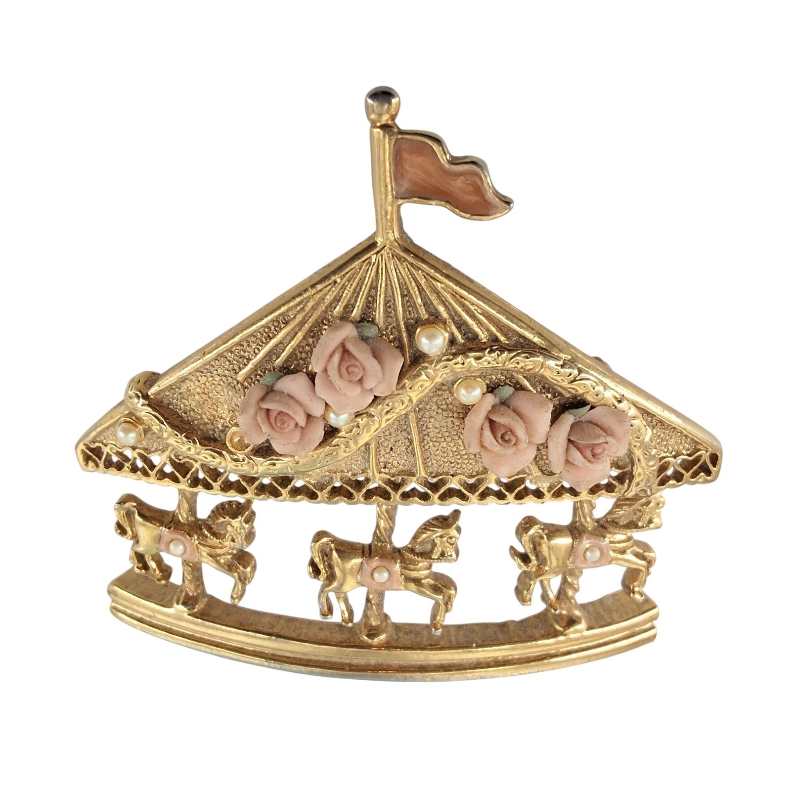 Vintage 1928 Gold Tone Carousel Horse Brooch Pink Roses Faux Pearl Pin