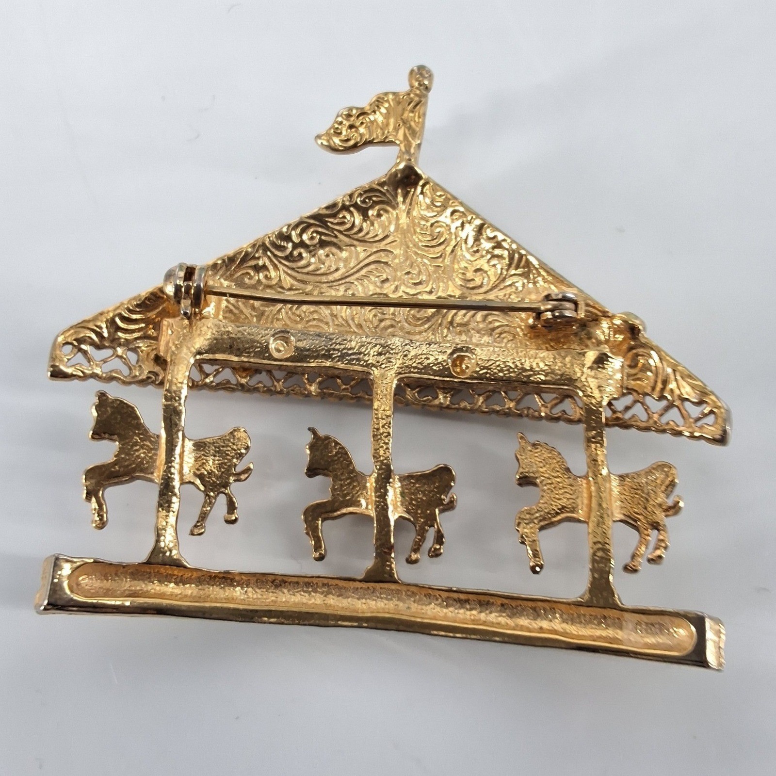 Vintage 1928 Gold Tone Carousel Horse Brooch Pink Roses Faux Pearl Pin