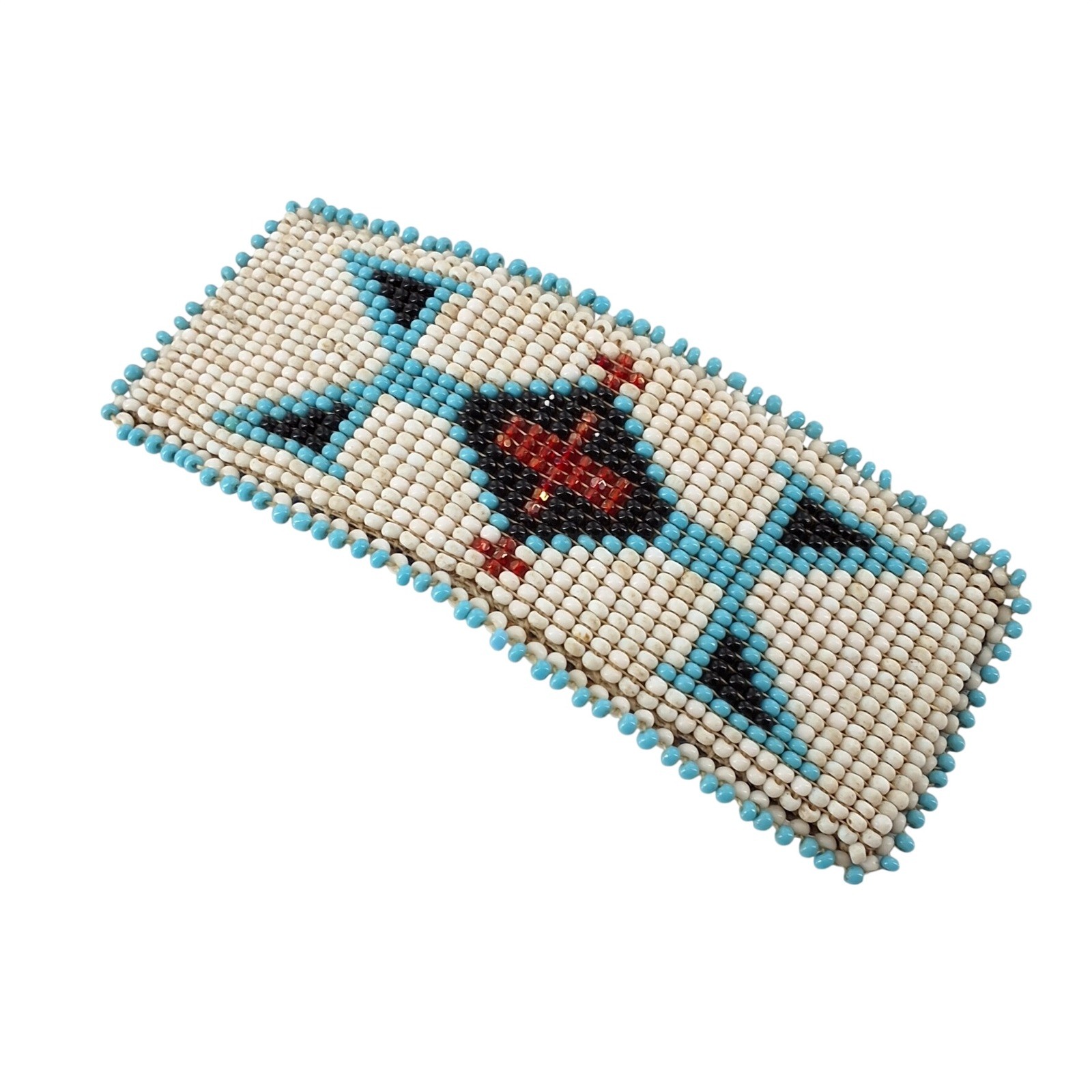 Vintage Southwestern Geometric Beaded Hair Barrette Genuine Leather Backing Boho