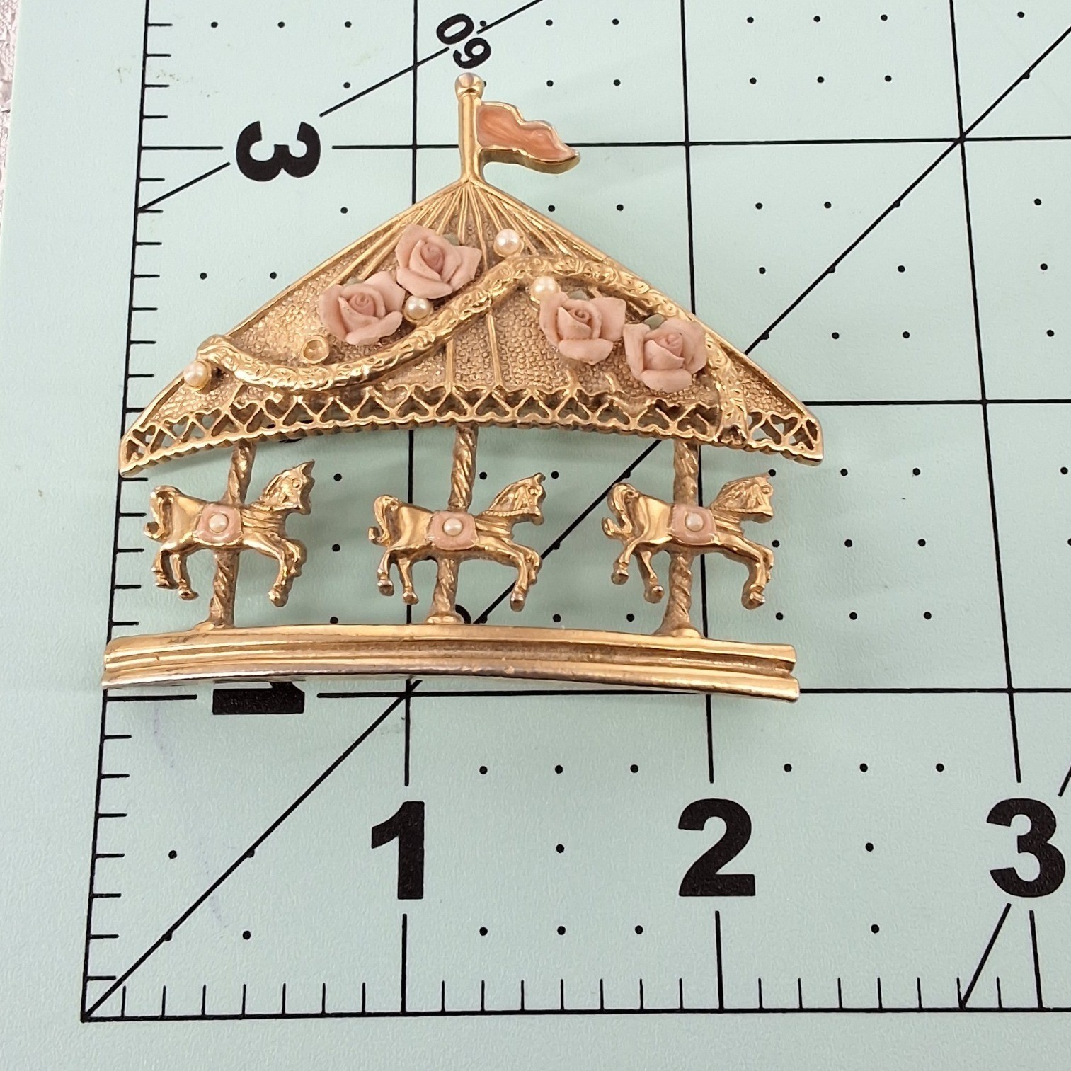Vintage 1928 Gold Tone Carousel Horse Brooch Pink Roses Faux Pearl Pin - View 3