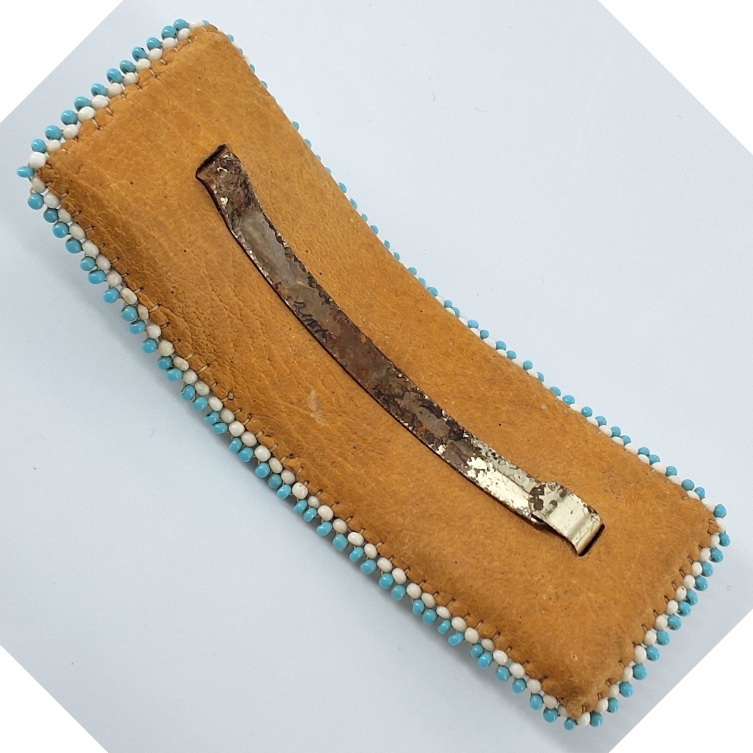 Vintage Southwestern Geometric Beaded Hair Barrette Genuine Leather Backing Boho