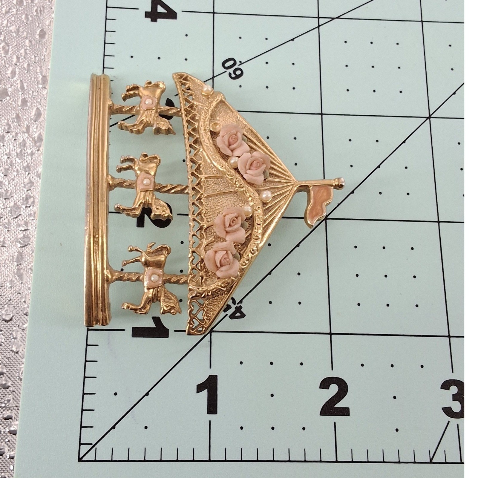 Vintage 1928 Gold Tone Carousel Horse Brooch Pink Roses Faux Pearl Pin - View 4