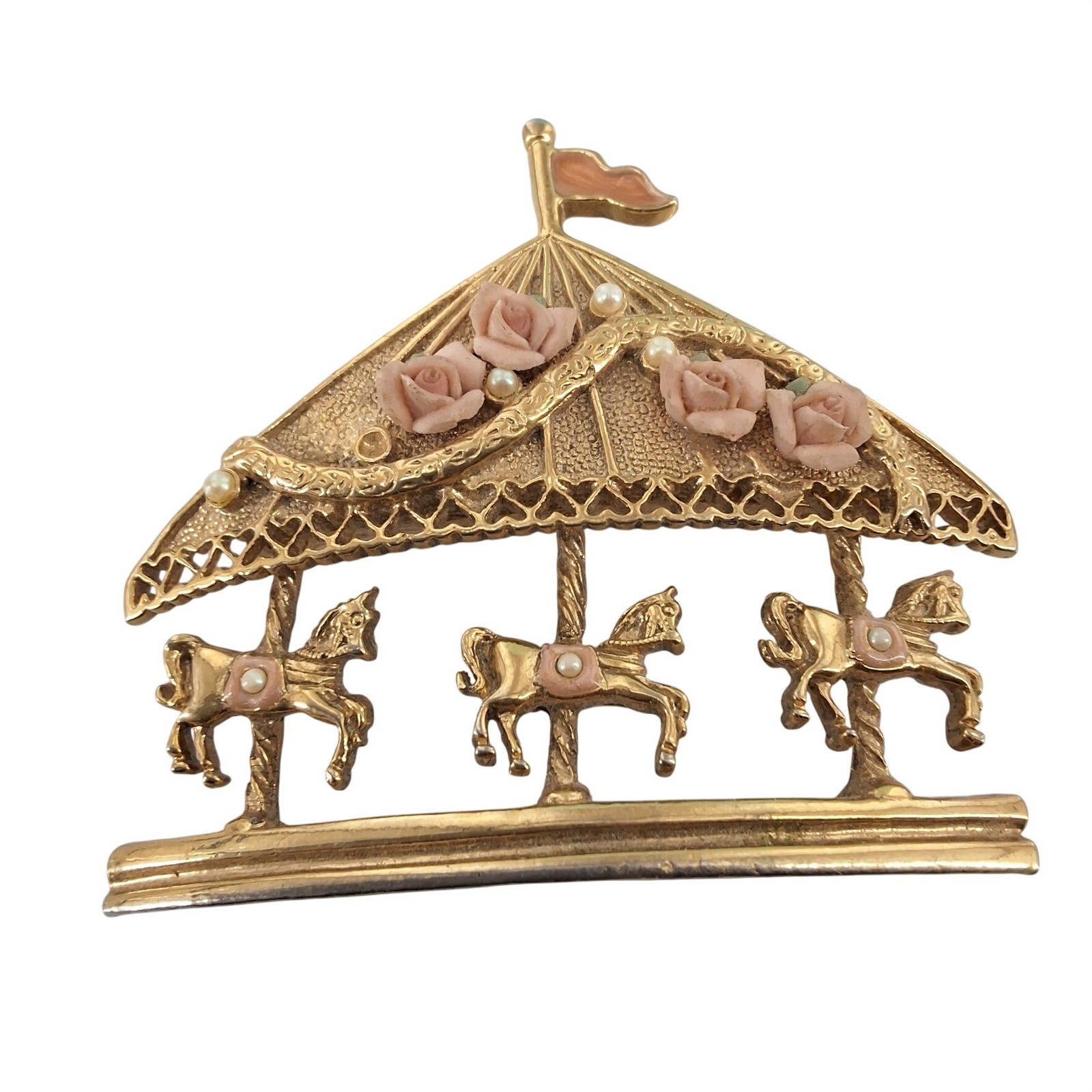 Vintage 1928 Gold Tone Carousel Horse Brooch Pink Roses Faux Pearl Pin - View 5