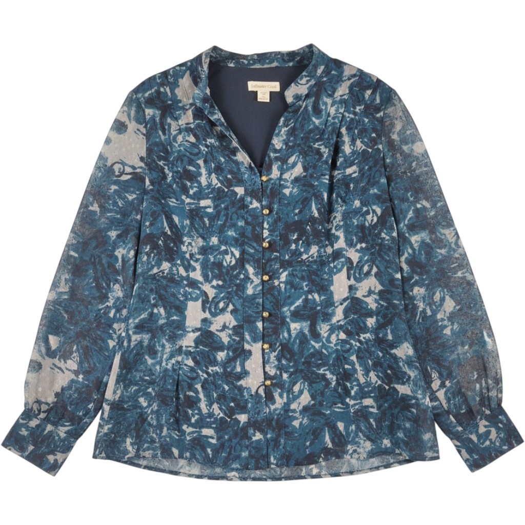Coldwater Creek Blue Floral Clip Dot Button Front Blouse Plus Size 1X