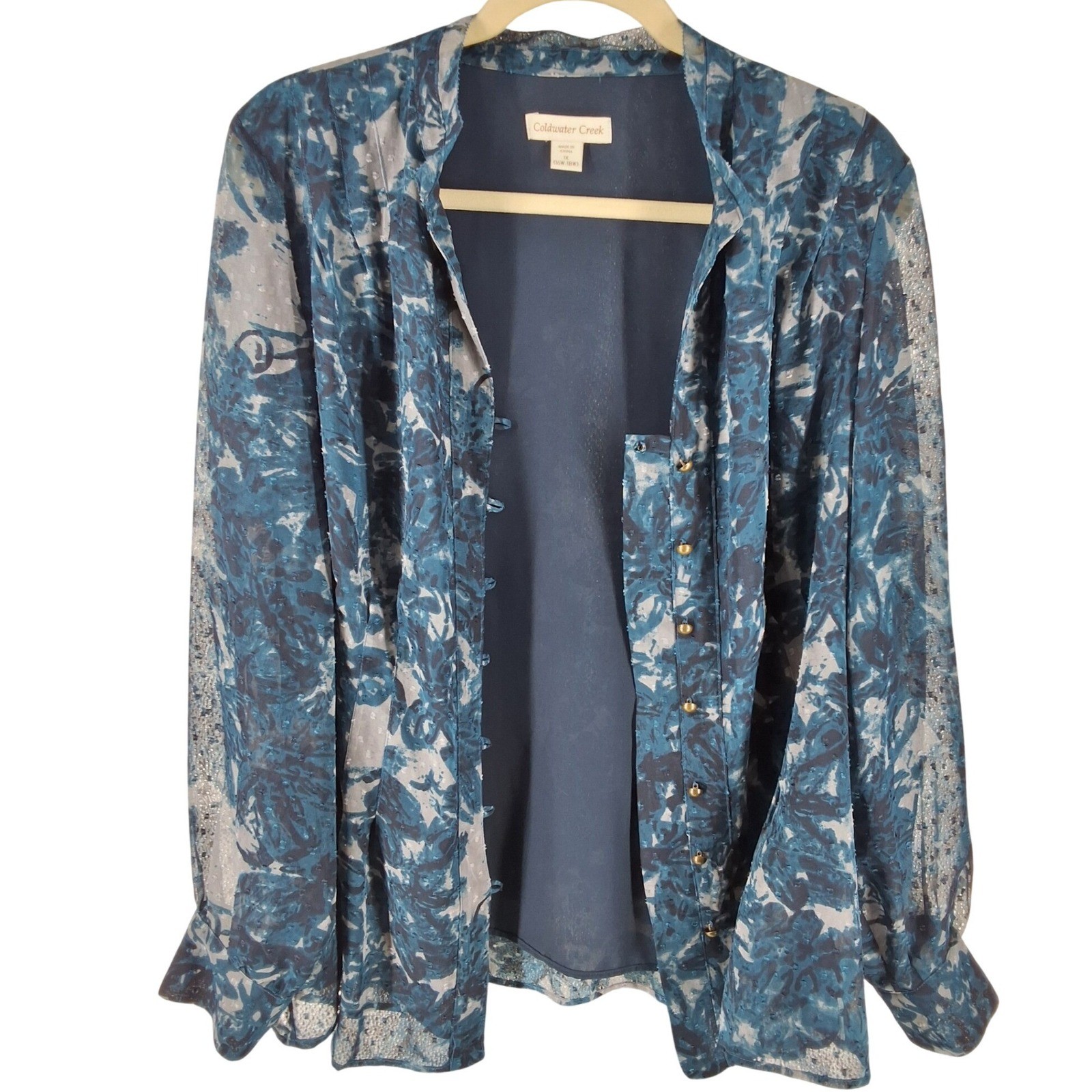 Coldwater Creek Blue Floral Clip Dot Button Front Blouse Plus Size 1X - View 6
