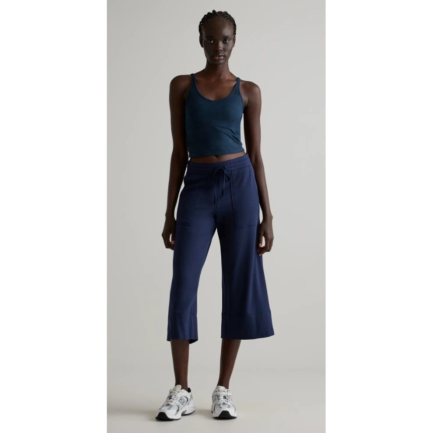 Quince SuperSoft Fleece Wide Leg Pants Navy Cropped Drawstring XS