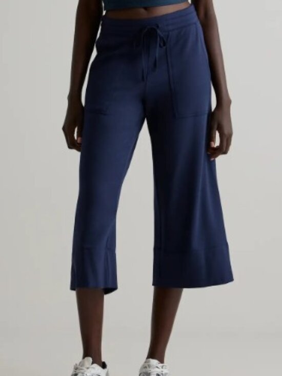Quince SuperSoft Fleece Wide Leg Pants Navy Cropped Drawstring XS - View 16