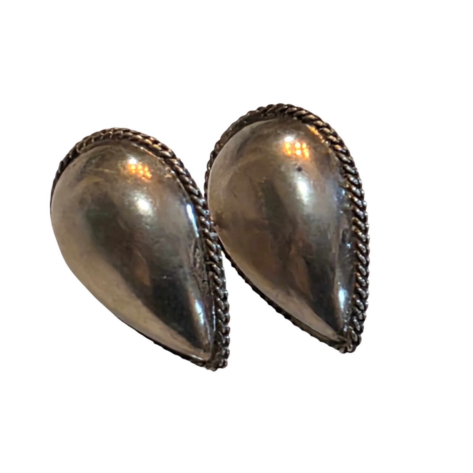 Vintage Sterling Silver 925 Puffed Teardrop Stud Earrings Rope Border