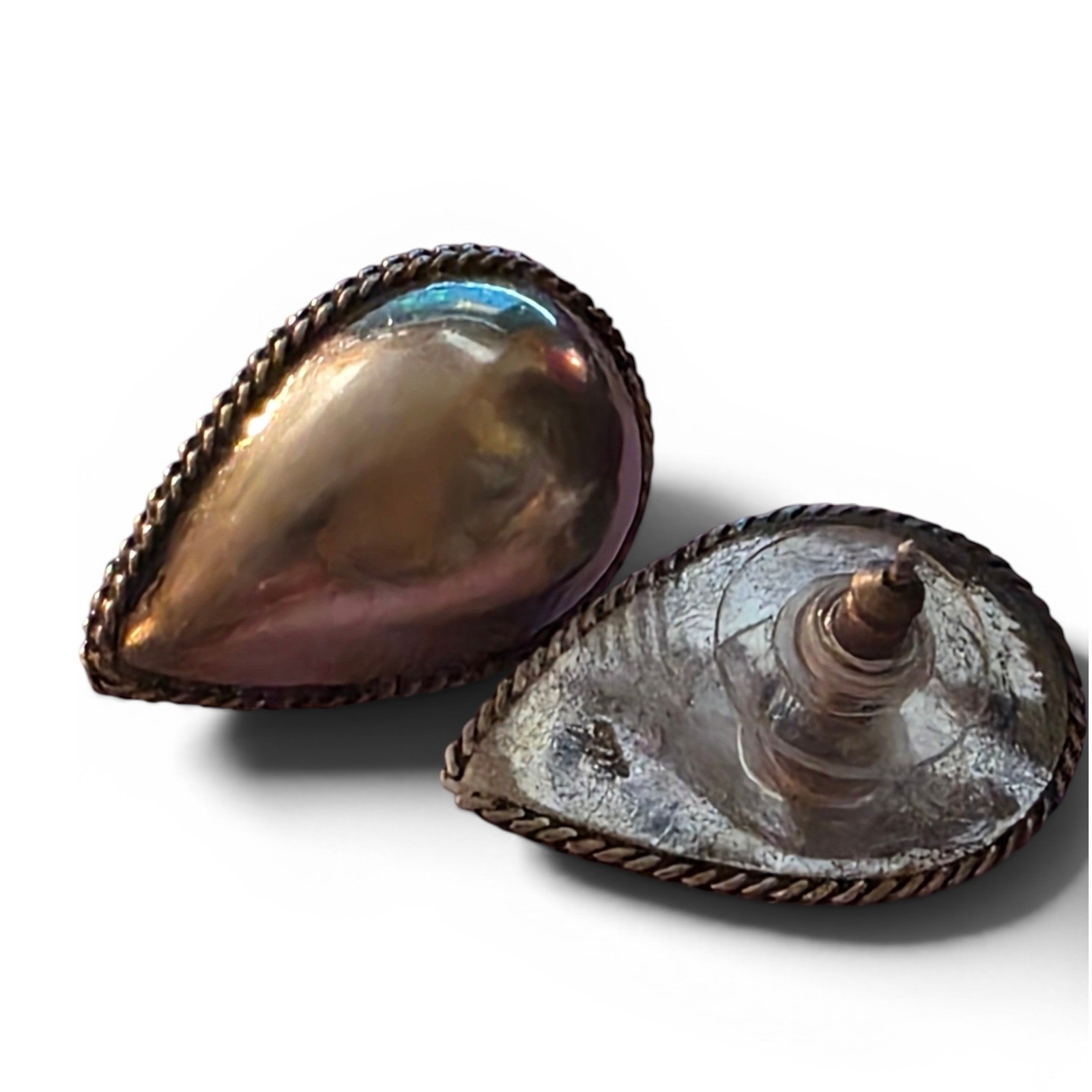 Vintage Sterling Silver 925 Puffed Teardrop Stud Earrings Rope Border - View 4