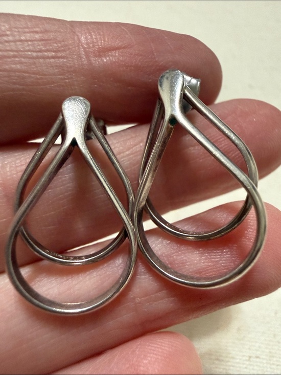 Vintage Sterling Silver 925 Puffed Teardrop Stud Earrings Rope Border - View 8