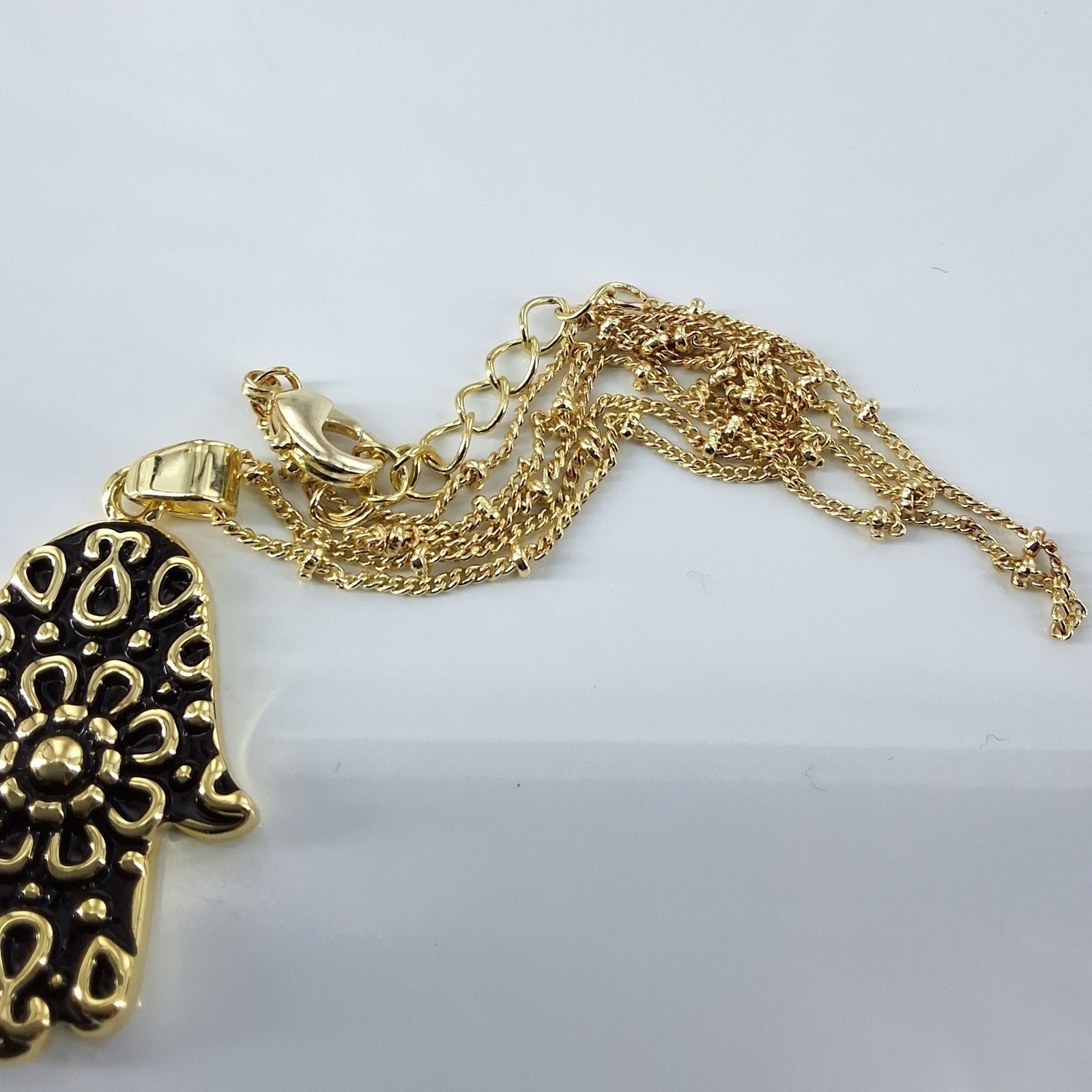 Gold Tone Hamsa Hand Pendant Necklace Black Enamel Satellite Chain - View 6