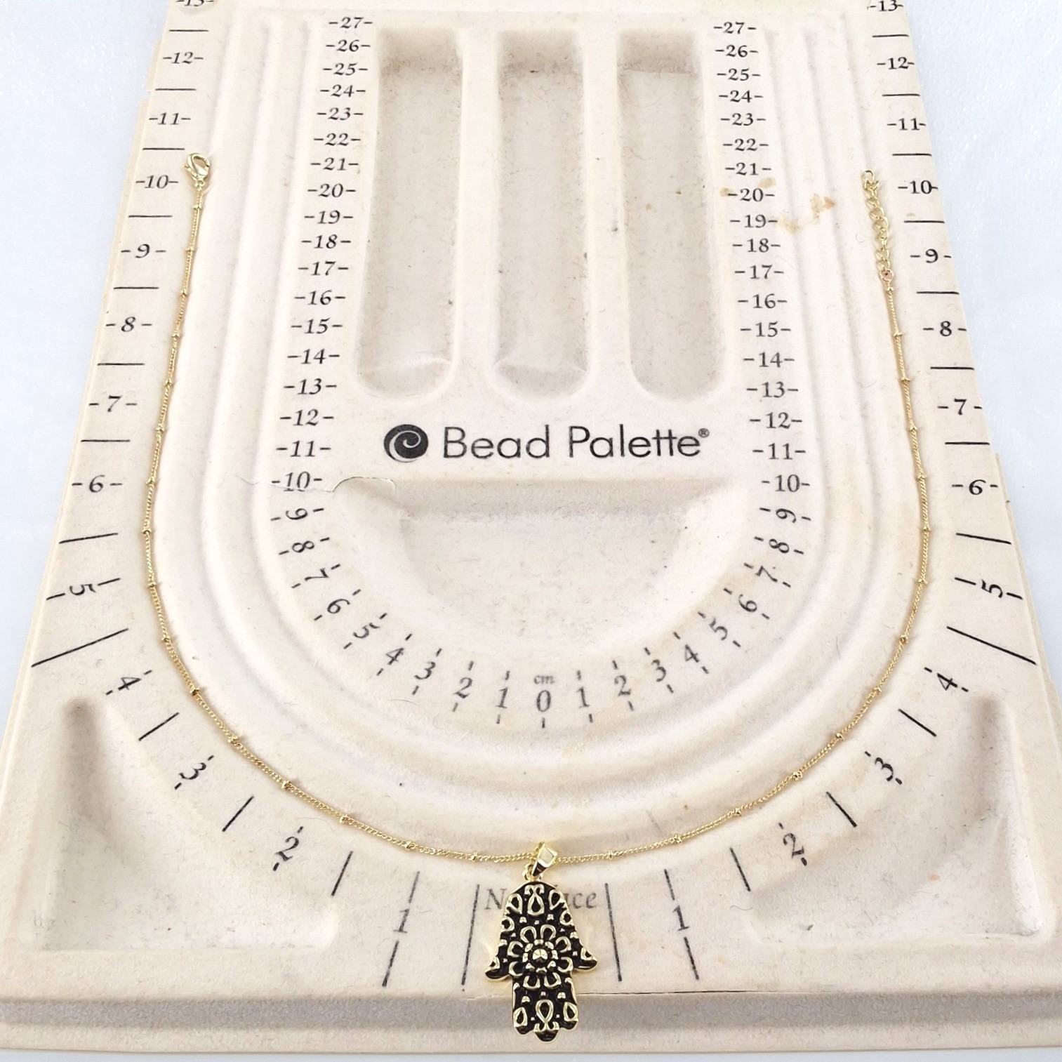 Gold Tone Hamsa Hand Pendant Necklace Black Enamel Satellite Chain - View 7