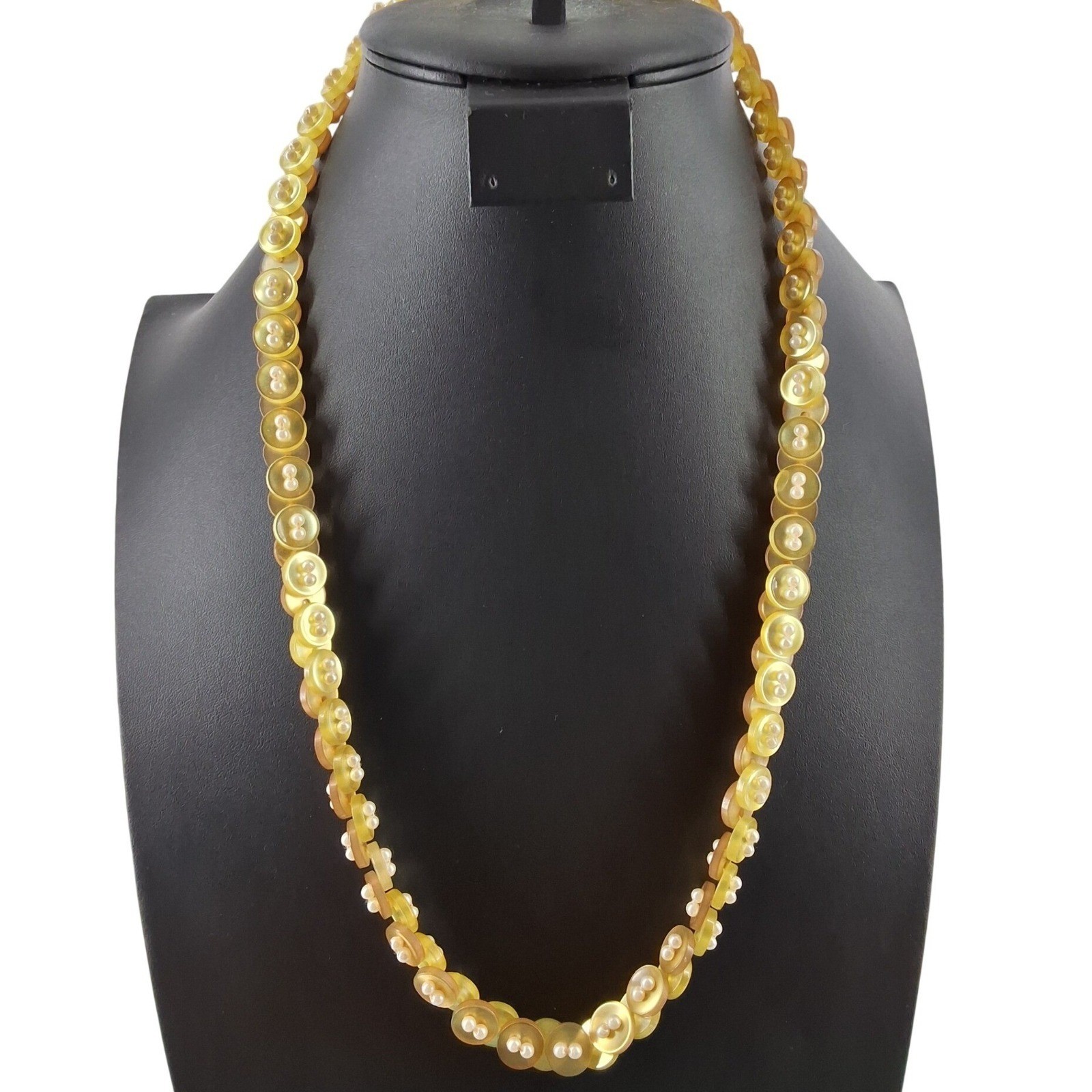 Vintage Amber Resin Button & Faux Pearl Statement Necklace 24in