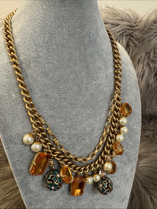 Vintage Amber Resin Button & Faux Pearl Statement Necklace 24in - View 7