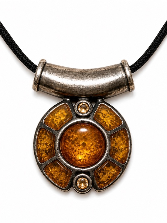 Vintage Amber Resin Button & Faux Pearl Statement Necklace 24in - View 9