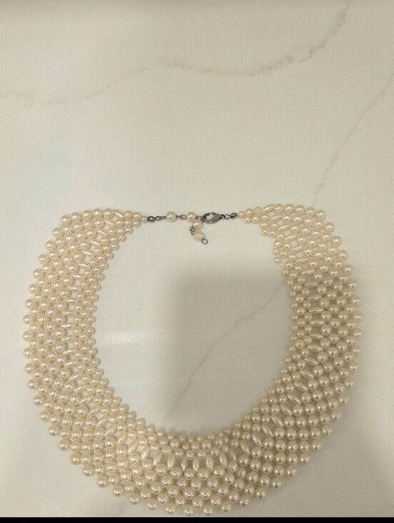 Vintage Amber Resin Button & Faux Pearl Statement Necklace 24in - View 11